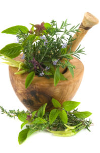 Herbs and Flowers with Mortar and Pestle