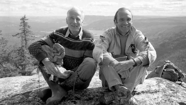Arnes Naess Jr. with his uncle, Arne Naess Sr. on top of Andersnatten, Norway - Photo Bjorn-Owe Holmberg